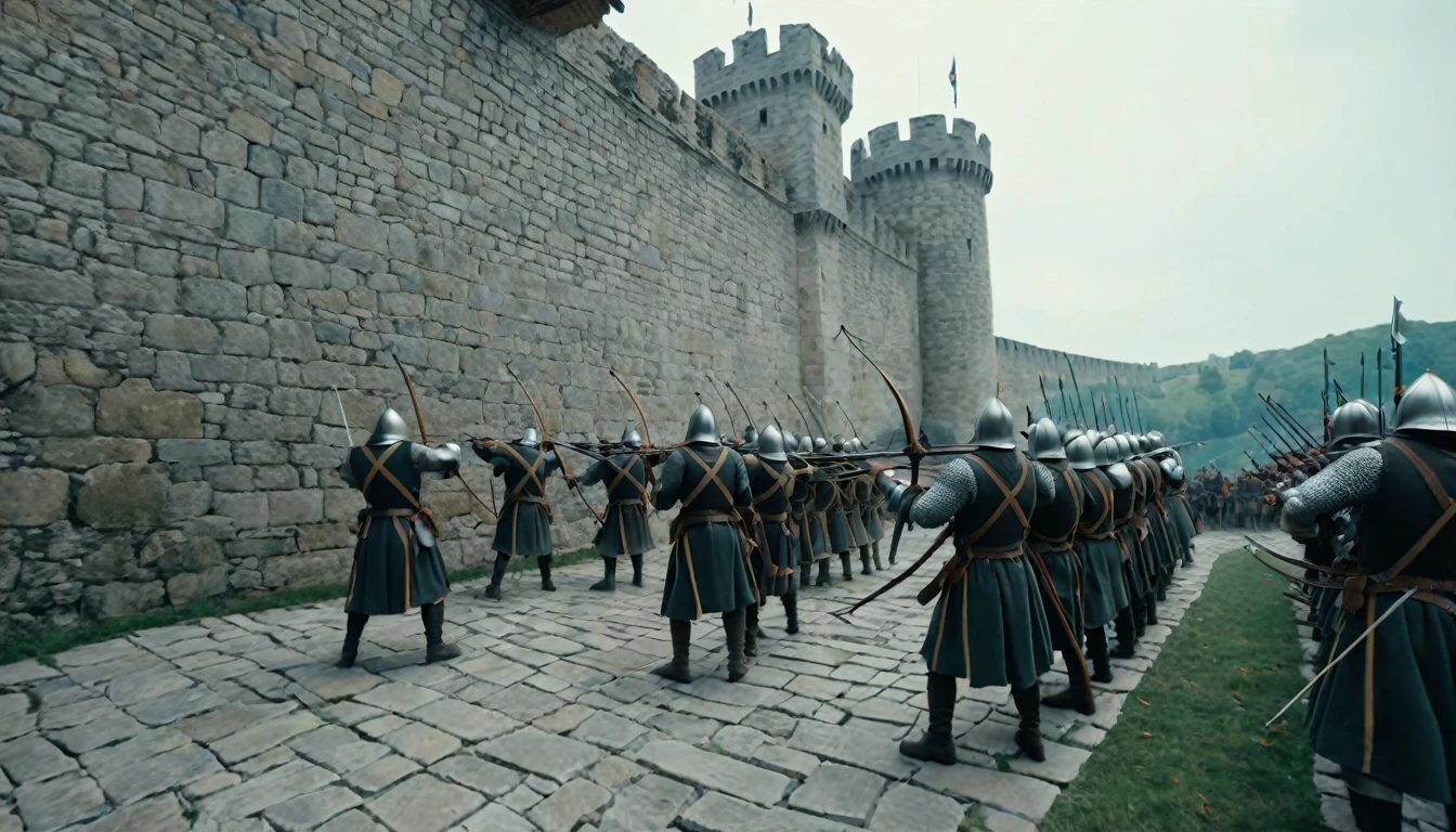 score_9, score_8_up, score_7_up, source_photo, photography, photorealistic, detailed, cinematic angle, rating safe, from below, Wide shot, Medieval soldiers on the ramparts firing their bows against enemy, stone floor, masterpiece, best quality, 8k,