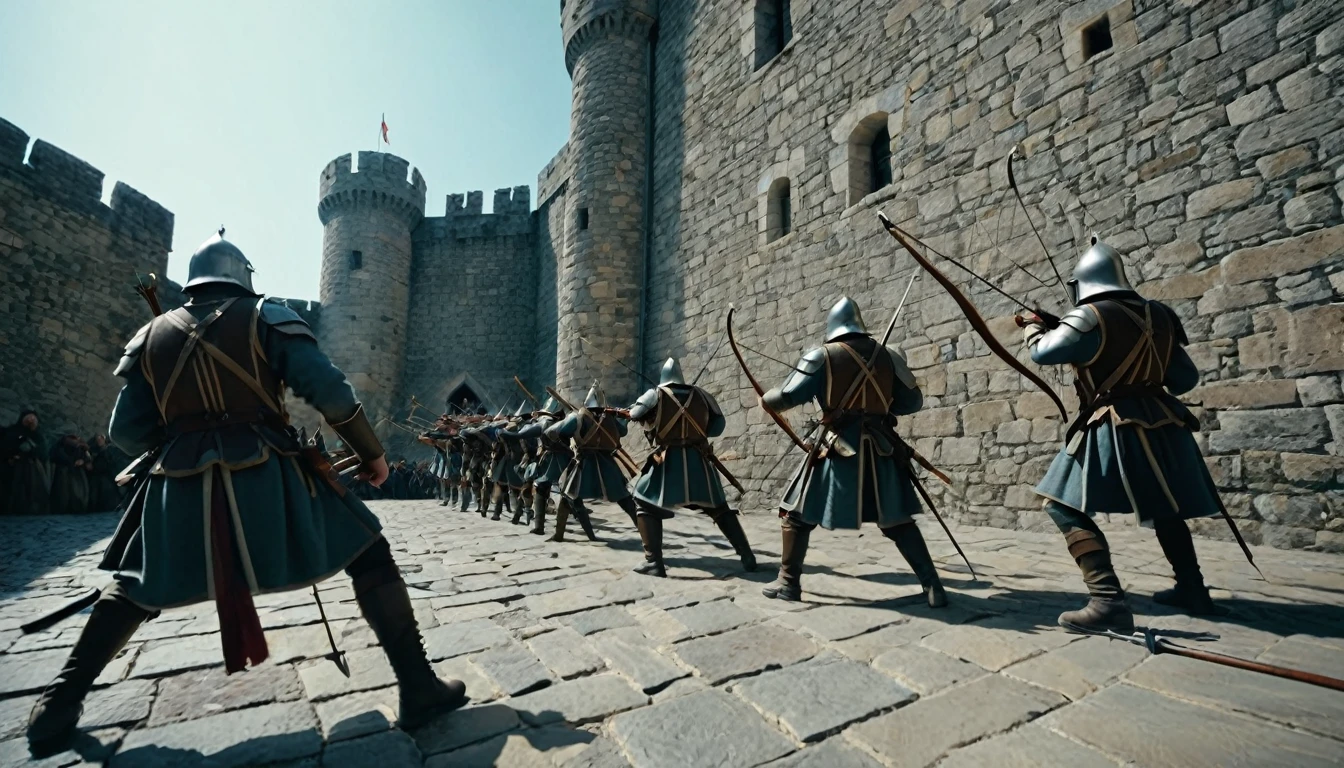 score_9, score_8_up, score_7_up, source_photo, photography, photorealistic, detailed, cinematic angle, rating safe, from below, Wide shot, Medieval soldiers on the ramparts firing their bows against enemy, stone floor, masterpiece, best quality, 8k,