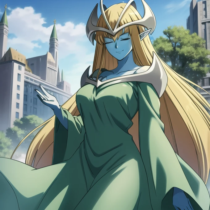 mysticalygo, mystical elf, smile, friendly look, medium breasts, eyes closed, green dress, large long skirt, sleeve cover hands, no hands, large long sleeves, blue skin, blonde hair, long hair, Yugioh, city, park ground
