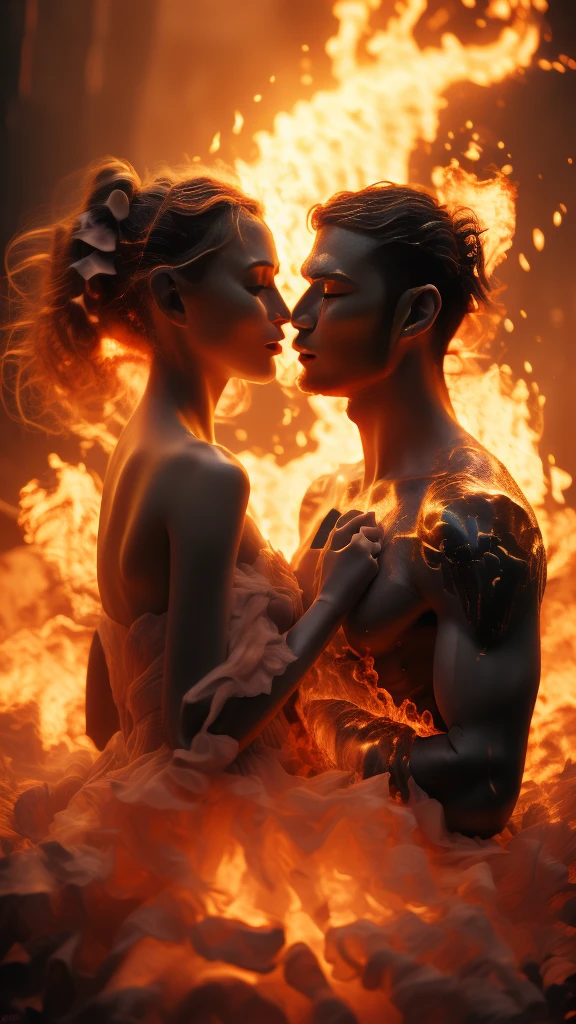 masterpiece,best quality,Extremely detailed,high resolution,1 romantic couple,flame,Dynamic Scene Scale 1.3,Romantic couple kissing in the fire,Firestorm,on fire,Bizarre fantasy image,Excellent skin texture,Magic Circle,Casting a Spell,strange,紫色strength,strength,fiery,meteor。