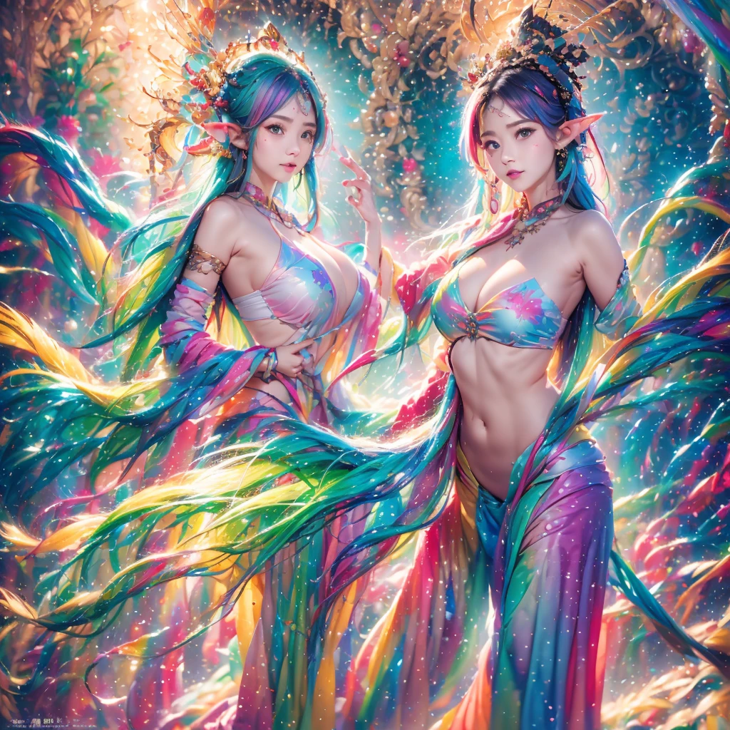 ( absurdity, high quality, ultra detailed, masterpiece, conceptual art, smooth, highly detailed work of art, Hyper-realistic picture , A high resolution, splashes of paint, color splashes, ink splash, color splashes), (( rainbow hair)),elf, Plum elf, plum , Transparent Fairy Wings, wear only underwear，huge breasts，low chest，fairy, romantic, bright, whole body,hand behind your back，embarrassed，big eyes，（eye focus），cosmic eyes，cosmic eyes，looking at the camera，In nature with waterfalls，clean face_v1，Urzang-6500-V1 version.1，