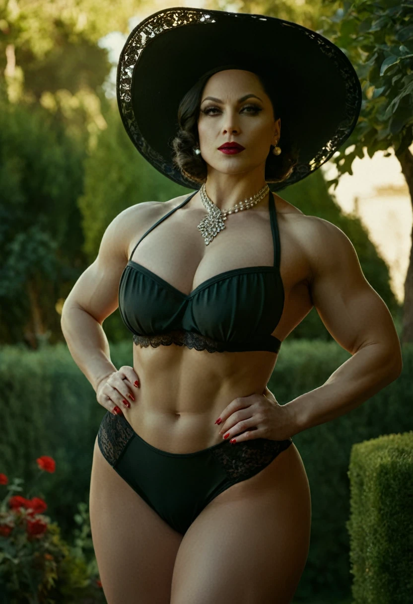 cinematic film still of Alcina Dimitrescu, Mrs. Dimitrescu, muscular, bodybuilding, Women, partially covered in shadow, dramatic light, big old, Dimitrescu, Red lips, Alcina Dimitrescu, Mrs. Dimitrescu, 1 girl, Alone, old, garden background, has, neckline, bikini,, standing, lace trim, viñeta, Very detailed, high budget, bokeh, cinemascope, moody, epic, gorgeous, film grain, grainy, beach