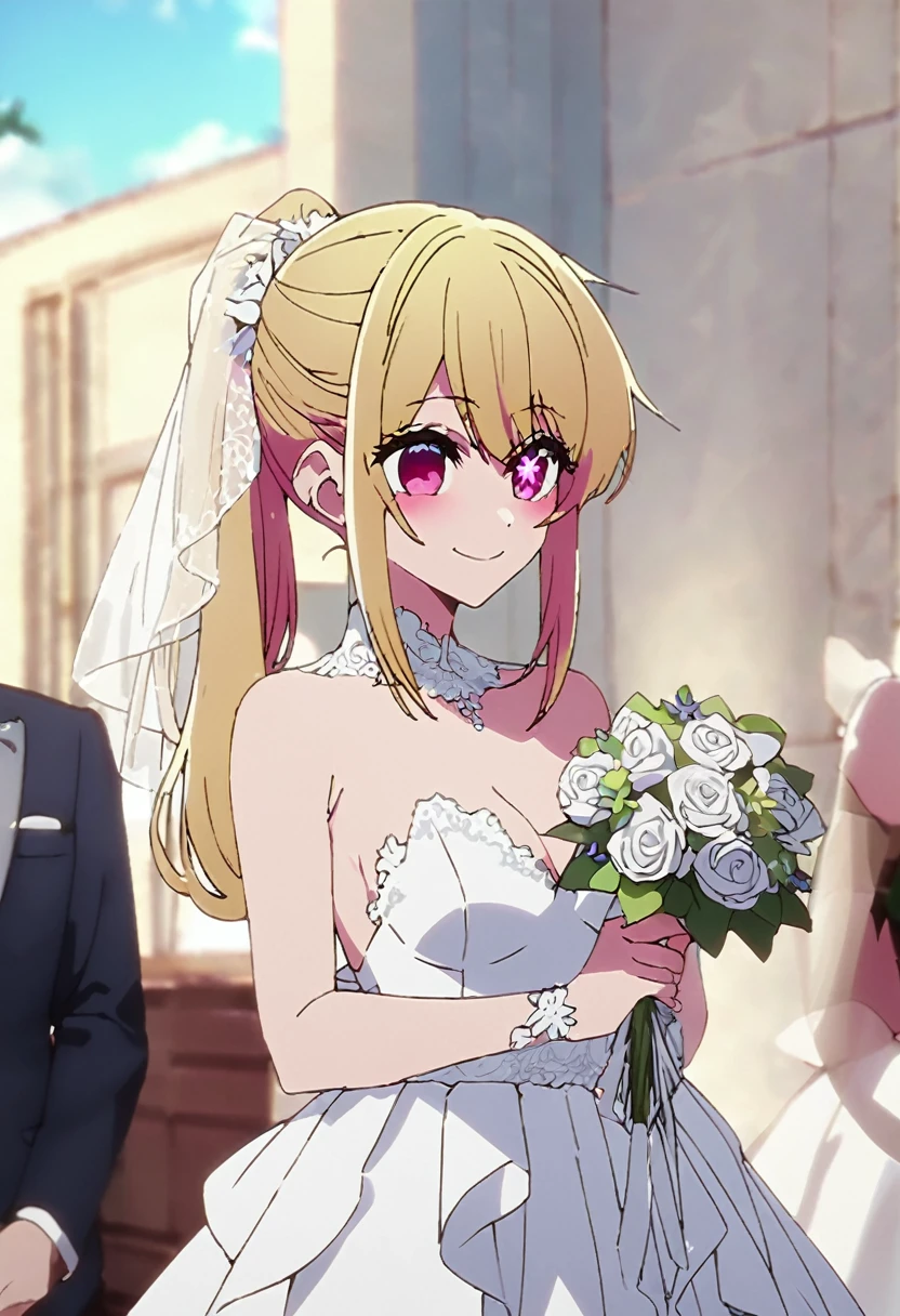 Blonde、Highest quality、high resolution、8K,Highest quality、Star-shaped pupil、The best smile、long hair、Pink Eyes、ponytail、Cowboy Shot、One person、Wedding dress