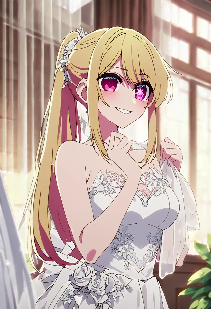 Blonde、Highest quality、high resolution、8K,Highest quality、Star-shaped pupil、The best smile、long hair、Pink Eyes、ponytail、Cowboy Shot、One person、Wedding dress
