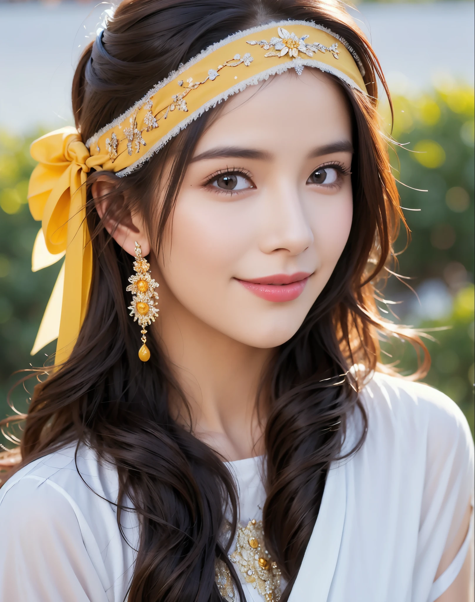 masterpiece, Highest quality, Highest quality, (Intricately detailed:1.2), Beautiful Eyes, One girl, alone, Outdoor, blue sky, cloudy, Bokeh, Lens flare, anamorphic Lens flare, Depth of written boundary, Fascinating face, Captivating smile, henna_Ruin, Yellow Hair, Red headband,