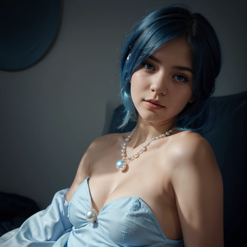 A beautiful girl Blue hair, white With an intimate look with a blue pearl necklace, Dark background,