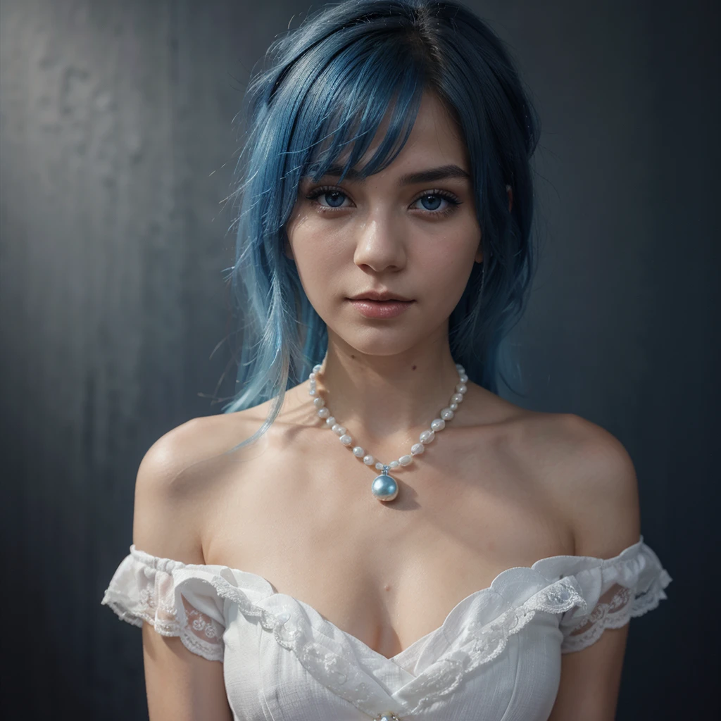 A beautiful woman Blue hair, white With an intimate look with a blue pearl necklace, Dark background, Naked