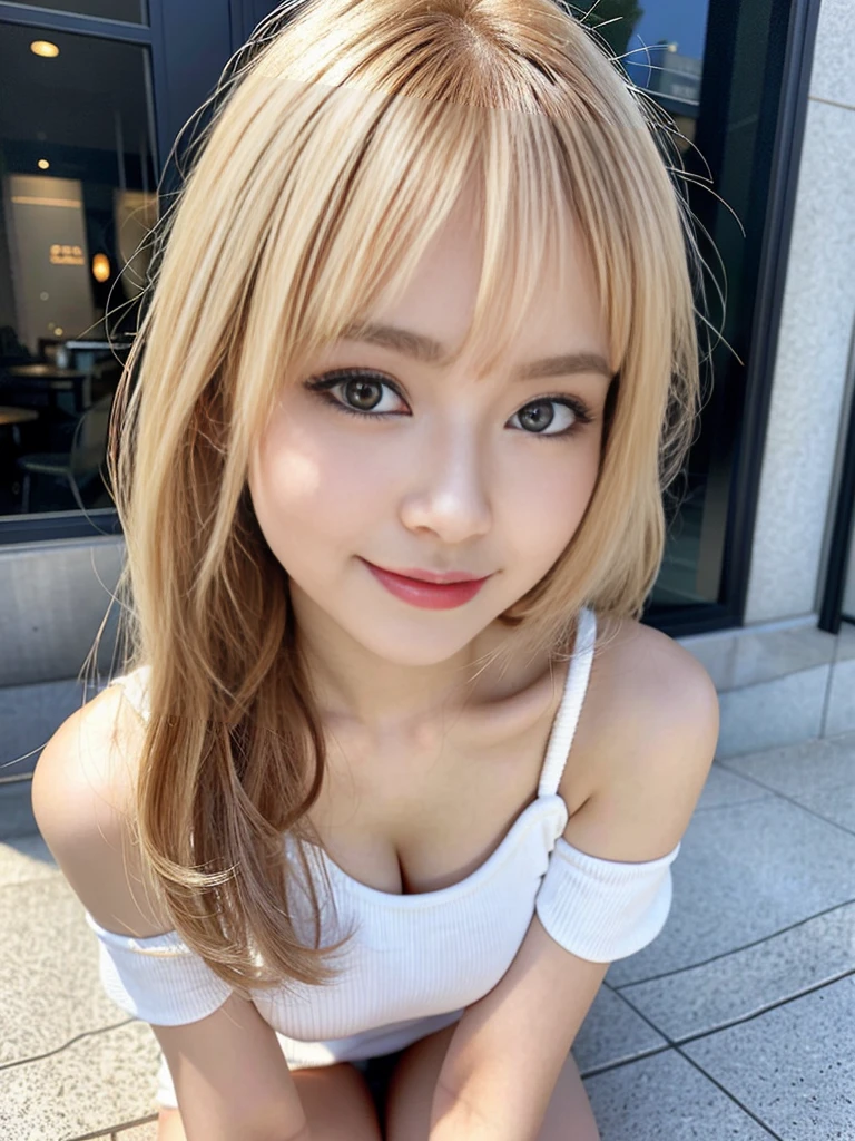 masterpiece、highest quality、超A high resolution、（As pictured, genuine.4）Excellent、Asian、(Brown person々)、Dark Skin、blonde、One Girl、Gal、Cabaret Club、Hairstyle is bun hair、Tank top