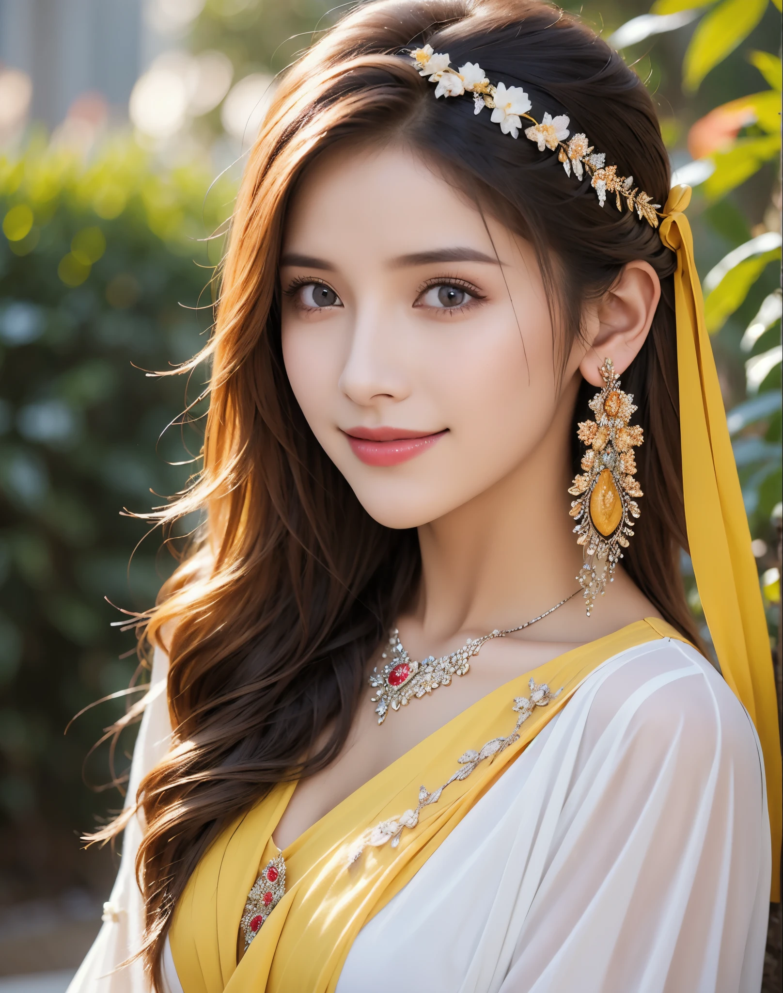 masterpiece, Highest quality, Highest quality, (Intricately detailed:1.2), Beautiful Eyes, One girl, alone, Outdoor, blue sky, cloudy, Bokeh, Lens flare, anamorphic Lens flare, Depth of written boundary, Fascinating face, Captivating smile, henna_Ruin, Yellow Hair, Red headband,
