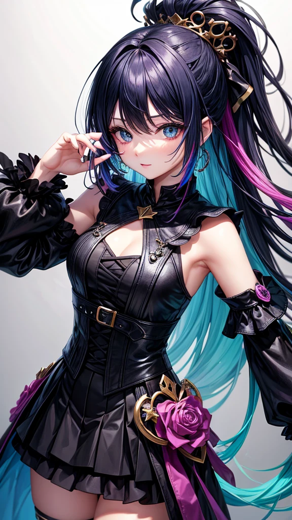 fantasy world girl with colorful hair, accessories, detailed black outfit 