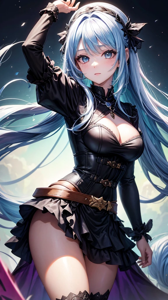 fantasy world girl with colorful hair, accessories, detailed black outfit 