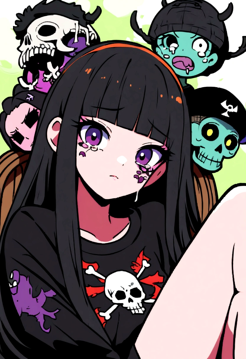 Black Hair、Black Feather、Gothic Punk、Sit on a chair, Crossing your legs、Throne、tears,anime zombie witch design, Crossbones, skull, Streetwear Design, Provector, Horror Style, Full Design, Only 6 colors, Solid Colors, No Shadow, Full Design, Stickers, Bright colors, White Background.Ultra-fine illustrations,(((Beautiful fine hair))),(((Beautiful Faces))),(((Beautiful background))),(((Beautiful fine hair))),(((Beautiful Faces))),(((Beautiful background)))、Black Hair、Blunt bangs