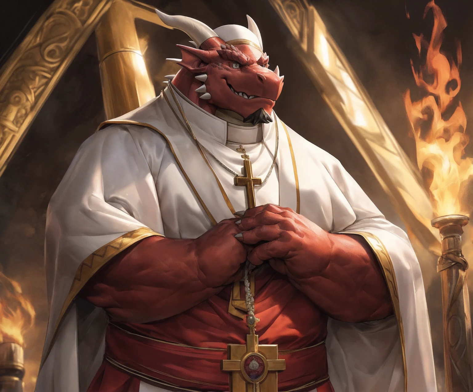 human nature, cannon, male, solitary, ((the strong，Handsome)), (dragon),((Traditional Catholic Pope outfit，西方dragondragon角))， standing，((Traditional Catholic style))，Hand in hand cross，high quality, (4K,high quality, high resolution, masterpiece), Front view (close up), cartoon,by lindong