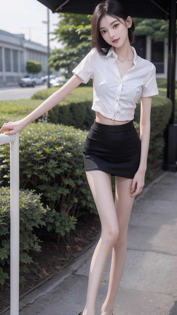 RAW, masterpiece, best quality, extremely detailed, 8k, HDR, photorealistic, intricate, (A skinny Korean girl), (black straight hair), (extremely-slim body), (narrow and small hips:1.3), (pale-porcelain skin), smile, standing, outdoors, wearing a (fully buttoned down short sleeves shirt), and (black extremely-short microskirt:1.4), (close-up picture) 