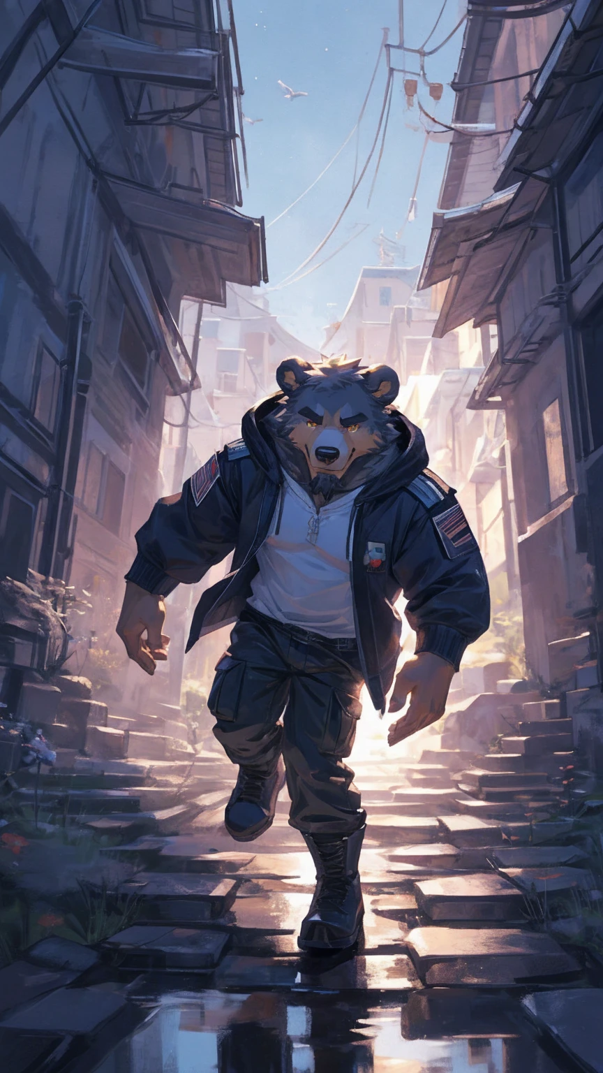 (masterpiece:1.2), best quality,pixiv,official art,perfect anatomy, (Ray tracing, light),solo, (1_male:1.3) , (muscle), (grey fur:1.4), (muscle bear), (beard:1.2), (gleaming golden eyes), bear tail, full body, Thick black eyebrows,(open hooded parka), (naked inside), (cargo pants:1.2), boots , (dynamic pose), (jumping down the cliff) , fjord, Northern Europe