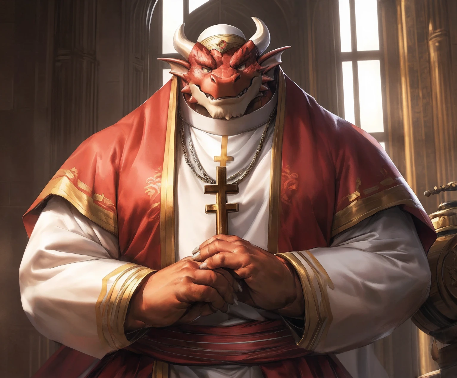 human nature, cannon, male, solitary, ((the strong，Handsome)), (dragon),((Traditional Catholic Pope outfit，西方dragondragon角))， standing，((Traditional Catholic style))，Hand in hand cross，high quality, (4K,high quality, high resolution, masterpiece), Front view (close up), cartoon,by lindong