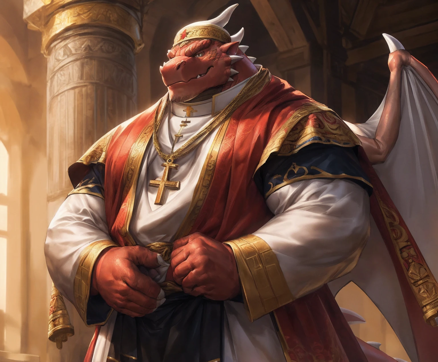 human nature, cannon, male, solitary, ((the strong,Handsome)), (dragon),((Traditional Catholic Pope outfit,西方dragondragon角)), standing,((Traditional Catholic style)),Hand in hand cross,high quality, (4K,high quality, high resolution, masterpiece), Front view (close up), cartoon,by lindong