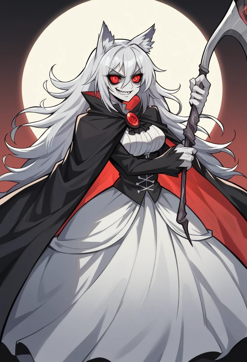 "silver-haired"
"wolf ears"
"grim reaper"
"death goddess"
"mischievous smile"
"sinister grin"
"anime style"
"dark fantasy"
"gothic lolita"
"skeletal motifs"
"scythe weapon"
"afterlife"
"ethereal beauty"
"menacing aura"
"black cloak"
"long flowing dress"
"pale skin"
"sharp features"
"intimidating presence"
"mystical powers"
"shadowy figure"
"haunting eyes"
"otherworldly"
"macabre charm"
"spectral"
"spirit realm"
"beyond the grave"
"reaper's mark"
"soul collector"
"fearless"
"ominous"
"eerie elegance"
"memento mori"
"digital art"
"high contrast"
"vivid details"