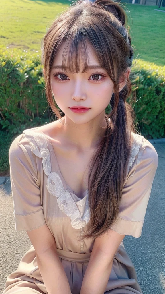 One piece with collar,outdoors,Urban Park,On the lawn,Ultra-detailed, finely detail, hight resolution, 8K Wallpaper, Perfect dynamic composition, Beautiful detailed eyes,Outdoor,Close-up of face,Outdoor,Blushing,Facing forward,,Long hair ponytail,((8k, Raw photo, Best Quality, Mastepiece:1.2), (Realism, Photorealistic:1.4), (Highly detailed 8K wallpapers), Depth of written boundary, Cinematic Lighting, Soft Light, Detailed Beauty Eye,Shiny and smooth light brown ponytail, Asymmetrical bangs, Shiny skin, Ultra-detailed skins ,It is high resolution., High detail, Detailed hairstyle, Detailed facial beauty, Hyper-realistic, Perfect limbs, Perfect Anatomy ,1 Japanese girl,Famous Japanese Idols, Perfect female body,A shy smile,Short eyelashes,Double-edged eyelids,Look straight here,Hair style: ponytail,