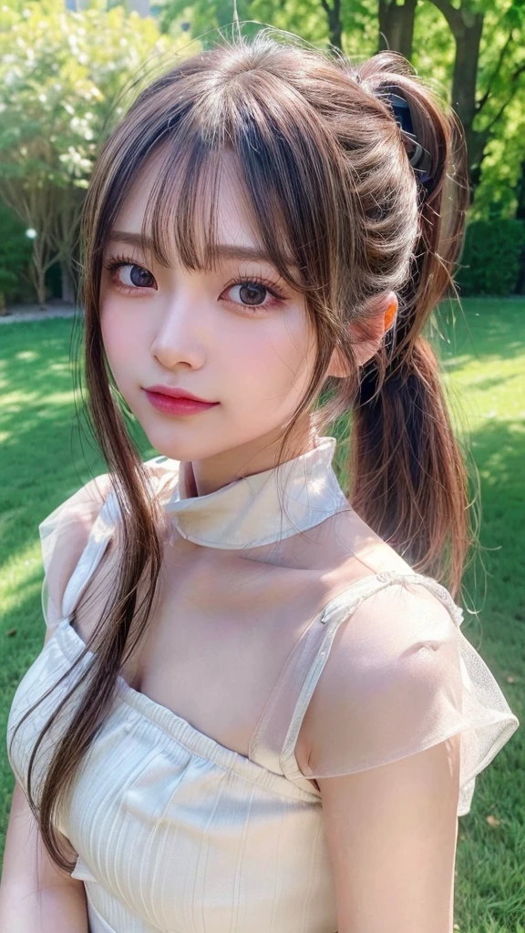 One piece with collar,outdoors,Urban Park,On the lawn,Ultra-detailed, finely detail, hight resolution, 8K Wallpaper, Perfect dynamic composition, Beautiful detailed eyes,Outdoor,Close-up of face,Outdoor,Blushing,Facing forward,,Long hair ponytail,((8k, Raw photo, Best Quality, Mastepiece:1.2), (Realism, Photorealistic:1.4), (Highly detailed 8K wallpapers), Depth of written boundary, Cinematic Lighting, Soft Light, Detailed Beauty Eye,Shiny and smooth light brown ponytail, Asymmetrical bangs, Shiny skin, Ultra-detailed skins ,It is high resolution., High detail, Detailed hairstyle, Detailed facial beauty, Hyper-realistic, Perfect limbs, Perfect Anatomy ,1 Japanese girl,Famous Japanese Idols, Perfect female body,A shy smile,Short eyelashes,Double-edged eyelids,Look straight here,Hair style: ponytail,