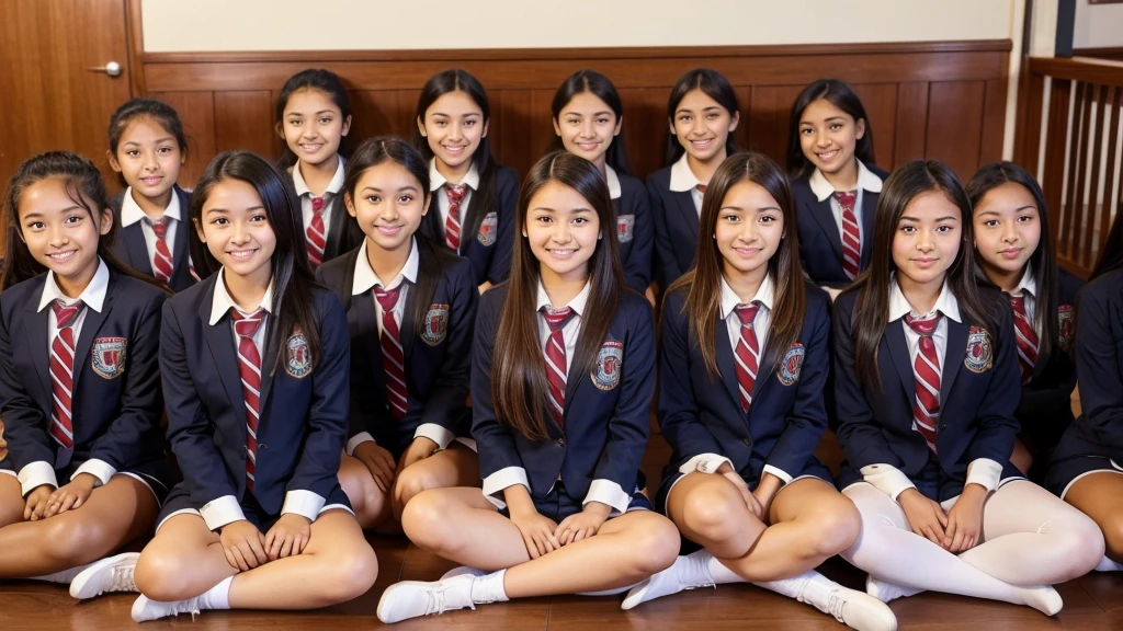 10 girl students went to their school and are sitting with their legs spread wide open