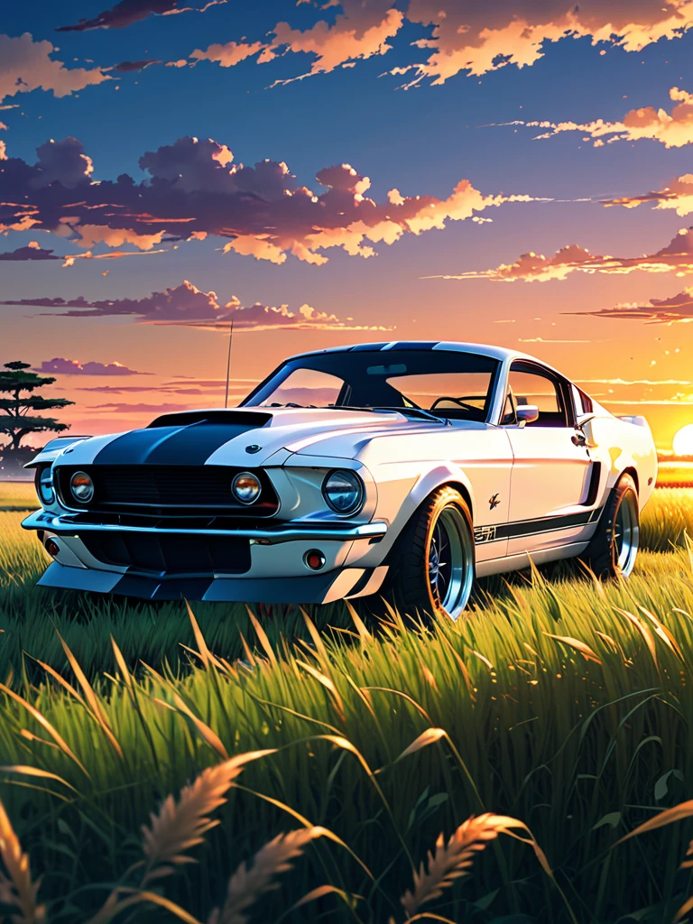 anime landscape of A pearl white classic Ford Mustang GT 500 sits in a field of tall grass with a sunset in the background.beautiful anime scene, beautiful anime peace scene, Makoto Shinkai Cyril Rolando, beautiful anime scene, amazing wallpaper, anime art wallpaper 8k, anime background, artistic anime background, anime wallpaper 4k, anime art 4k wallpaper, anime wallpaper art 4k,