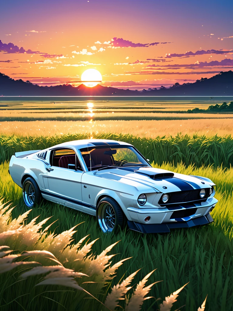 anime landscape of A pearl white classic Ford Mustang GT 500 sits in a field of tall grass with a sunset in the background.beautiful anime scene, beautiful anime peace scene, Makoto Shinkai Cyril Rolando, beautiful anime scene, amazing wallpaper, anime art wallpaper 8k, anime background, artistic anime background, anime wallpaper 4k, anime art 4k wallpaper, anime wallpaper art 4k,