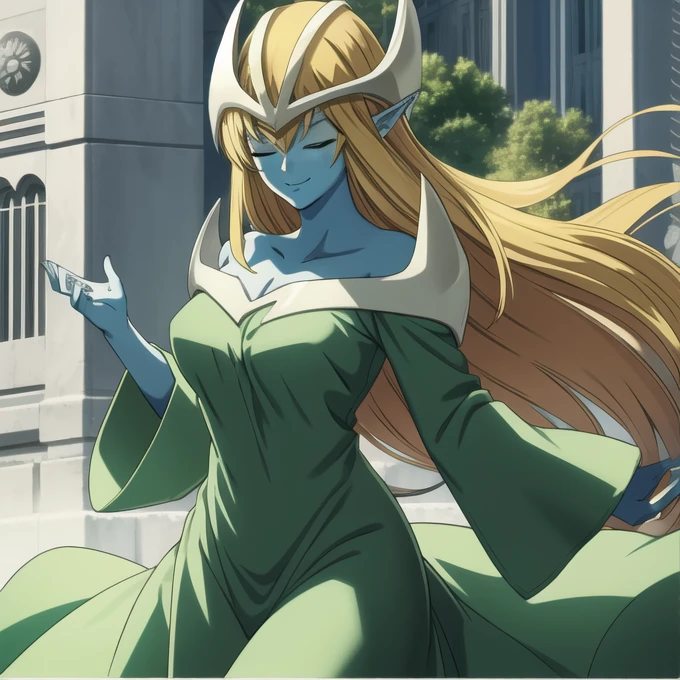 mysticalygo, mystical elf, smile, friendly look, medium breasts, eyes closed, green dress, large long skirt, sleeve cover her hands, no hands, large long sleeves, blue skin, blonde hair, long hair, Yugioh, city, park ground 