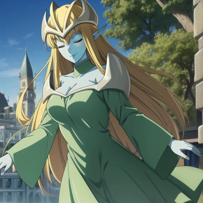 mysticalygo, mystical elf, smile, friendly look, medium breasts, eyes closed, green dress, large long skirt, sleeve cover her hands, no hands, large long sleeves, blue skin, blonde hair, long hair, Yugioh, city, park ground 