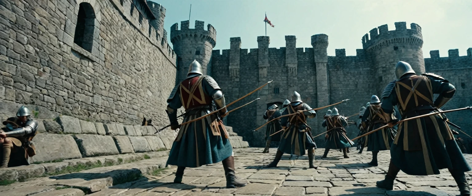 score_9, score_8_up, score_7_up, source_photo, photography, photorealistic, detailed, cinematic angle, rating safe, from below, Wide shot, Medieval soldiers on the ramparts firing their bows against enemy, stone floor, masterpiece, best quality, 8k,