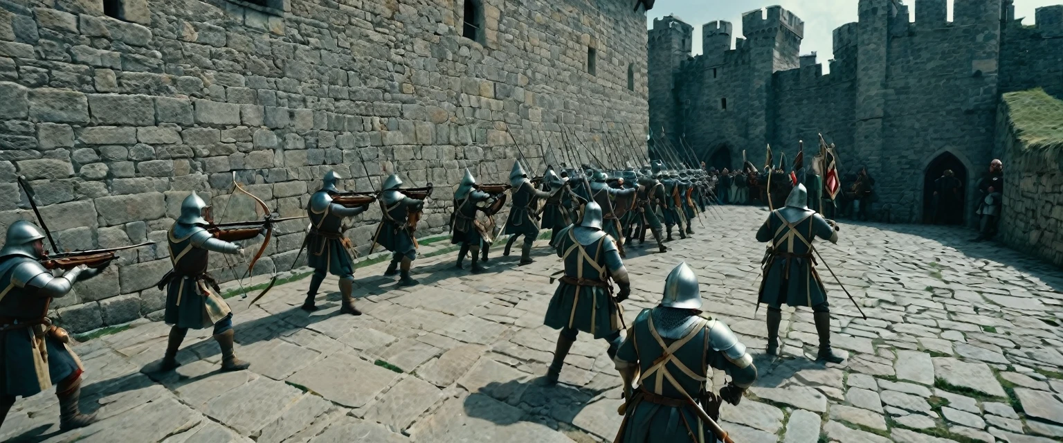 score_9, score_8_up, score_7_up, source_photo, photography, photorealistic, detailed, cinematic angle, rating safe, from below, Wide shot, Medieval soldiers on the ramparts firing their bows against enemy, stone floor, masterpiece, best quality, 8k,