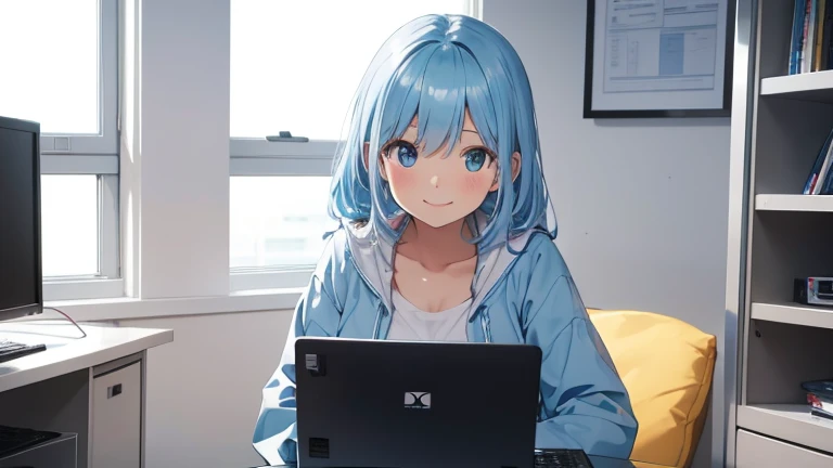 Programming on a computer, cheerful, smiling, cute girl, 1 person, sitting, semi-long light blue hair, bright computer room, illustration, no cut-out