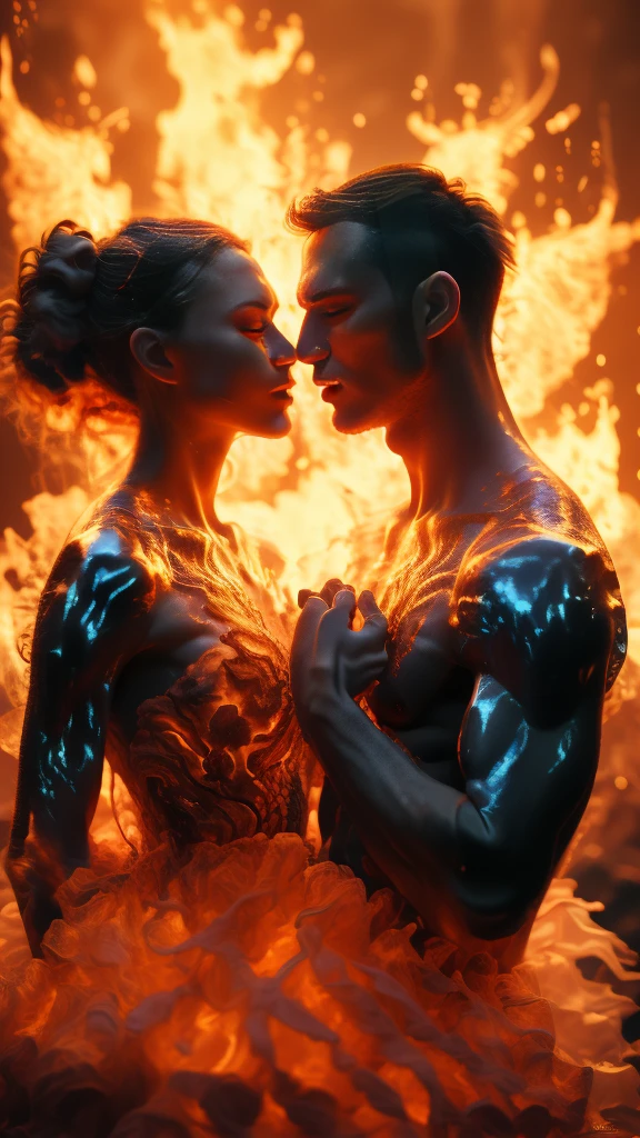 masterpiece，best quality，Extremely detailed，high resolution，1 romantic couple，flame，Dynamic Scene Scale 1.3，Romantic couple kissing in the fire，Firestorm，on fire，Bizarre fantasy image，Excellent skin texture，Magic Circle，Casting a Spell，strange，紫色strength，strength，fiery，meteor。