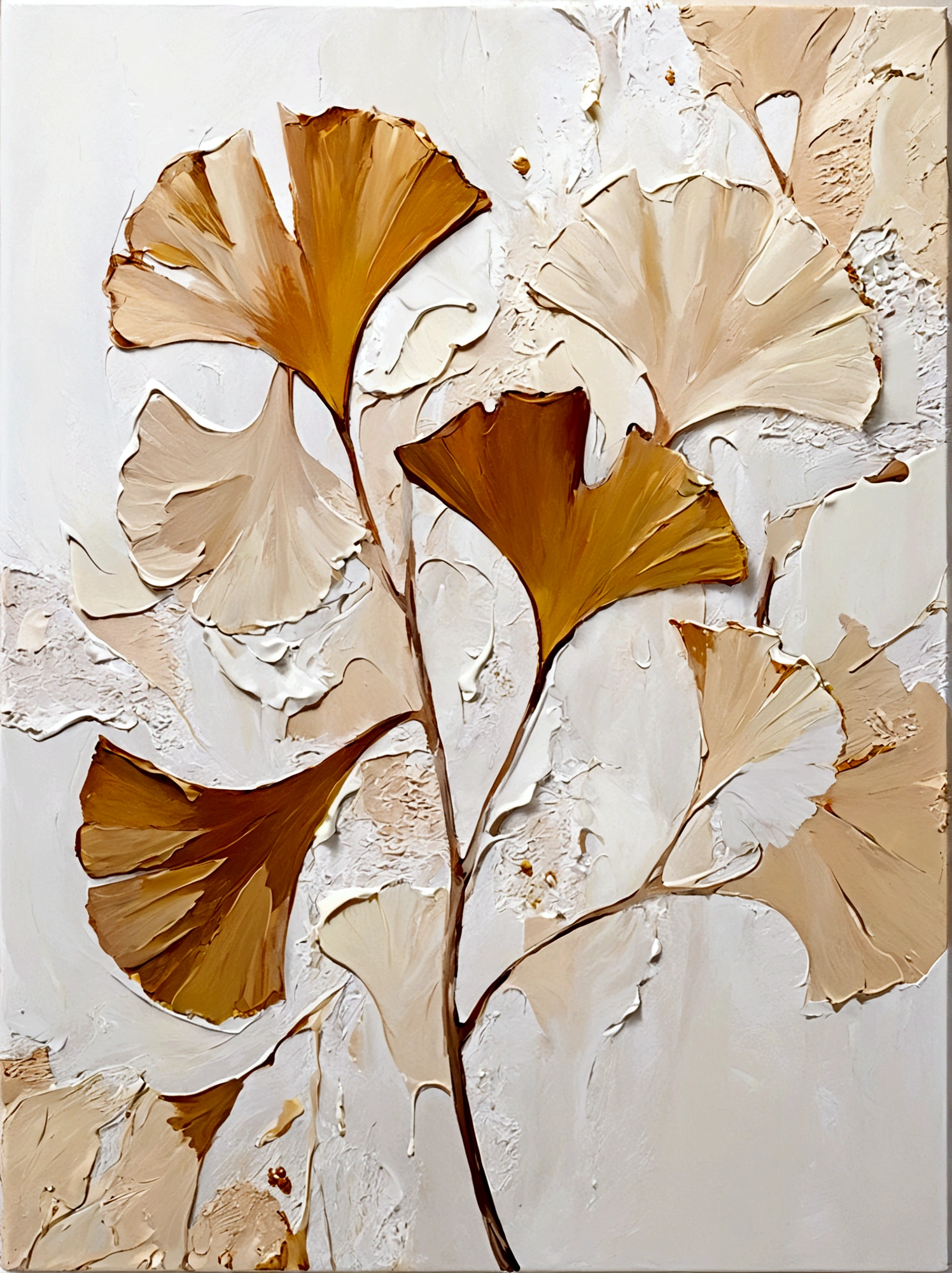 ginkgo leaf,Ginkgo biloba leaves,vanilla,bright,White background,vanilla,cream,whiskey,Abstract Art,emotion,emotion,Thick textured paint,