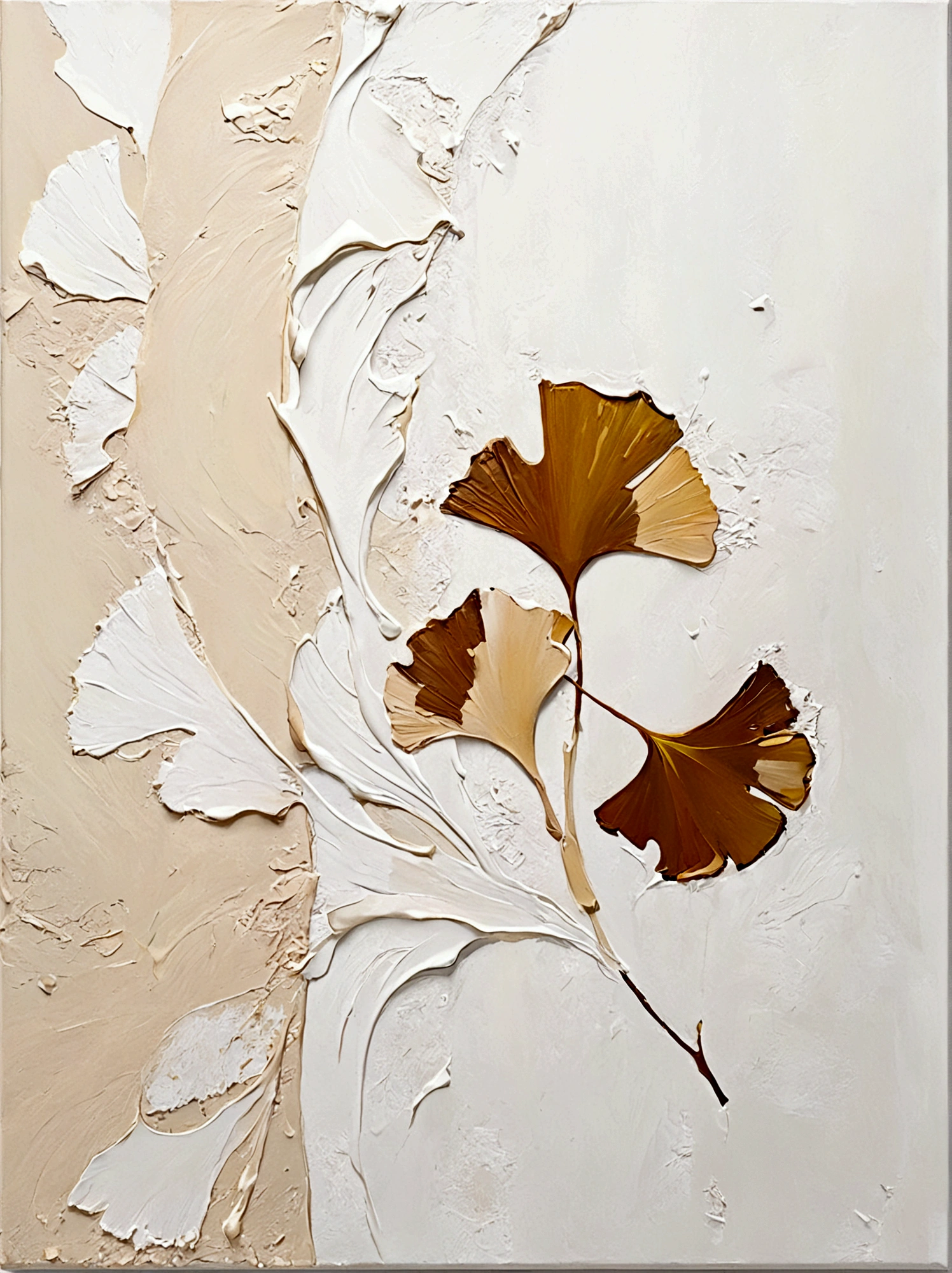 ginkgo leaf,Ginkgo biloba leaves,vanilla,bright,White background,vanilla,cream,whiskey,Abstract Art,emotion,emotion,Thick textured paint,
