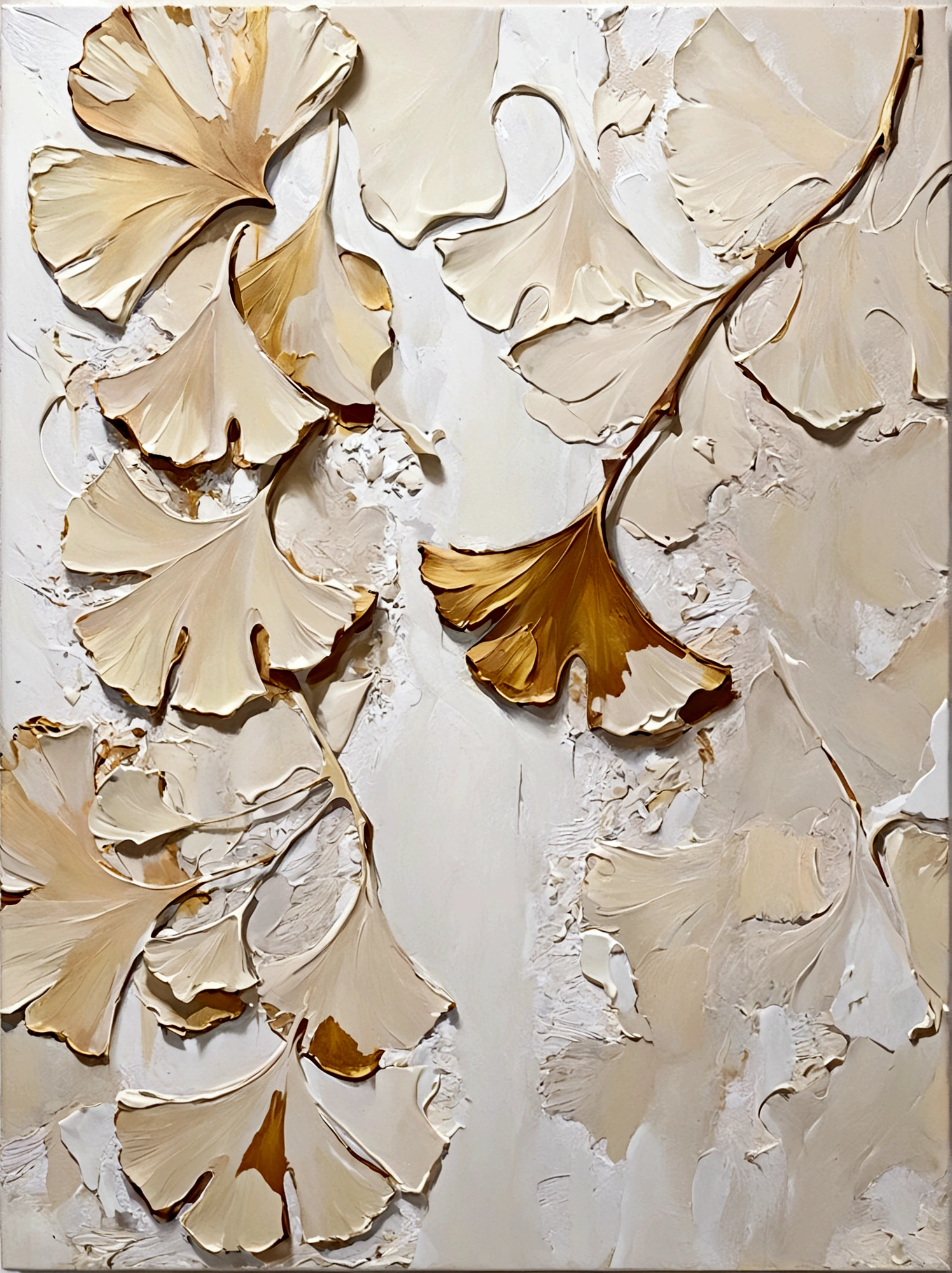 ginkgo leaf,Ginkgo biloba leaves,vanilla,bright,White background,vanilla,cream,whiskey,Abstract Art,emotion,emotion,Thick textured paint,