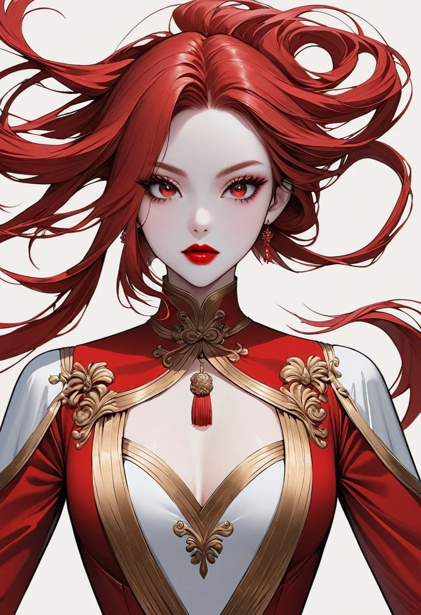 Flat illustration of a fashionable girl, Exaggerated pose,Ruby Red vs Gold Clothes and Hair,The Minimalists art,Pure Klein Red Background, Supremacist style ，Elegant Shanghai woman,beautiful eyes,Long eyelashes,Red lips,Random Shooting,Smooth lines, Pure white background, The Minimalists, Zen, HD