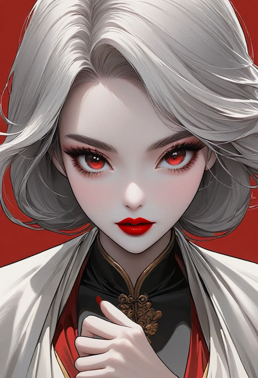 Flat illustration of a fashionable girl, Exaggerated pose,Ruby Red vs Gold Clothes and Hair,The Minimalists art,Pure Klein Red Background, Supremacist style ,Elegant Shanghai woman,beautiful eyes,Long eyelashes,Red lips,Random Shooting,Smooth lines, Pure white background, The Minimalists, Zen, HD