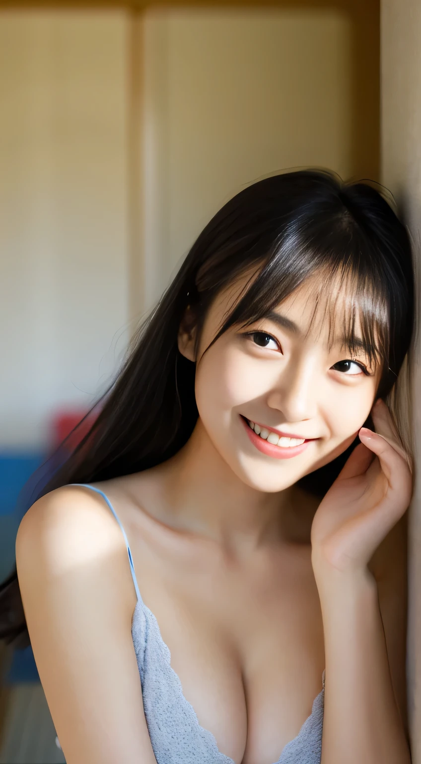 masterpiece,best quality,(Japanese ),((Beautiful girl)),cleavage,indoor,(perfect body beauty:1.2),(shy smile),beautiful teeth,