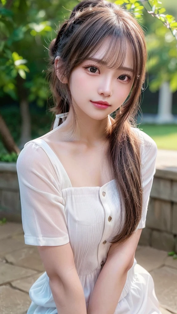 One piece with collar,outdoors,Urban Park,On the lawn,Ultra-detailed, finely detail, hight resolution, 8K Wallpaper, Perfect dynamic composition, Beautiful detailed eyes,Outdoor,Close-up of face,Outdoor,Blushing,Facing forward,,Long hair ponytail,((8k, Raw photo, Best Quality, Mastepiece:1.2), (Realism, Photorealistic:1.4), (Highly detailed 8K wallpapers), Depth of written boundary, Cinematic Lighting, Soft Light, Detailed Beauty Eye,Shiny and smooth light brown ponytail, Asymmetrical bangs, Shiny skin, Ultra-detailed skins ,It is high resolution., High detail, Detailed hairstyle, Detailed facial beauty, Hyper-realistic, Perfect limbs, Perfect Anatomy ,1 Japanese girl,Famous Japanese Idols, Perfect female body,A shy smile,Short eyelashes,Double-edged eyelids,Look straight here,Hair style: ponytail,