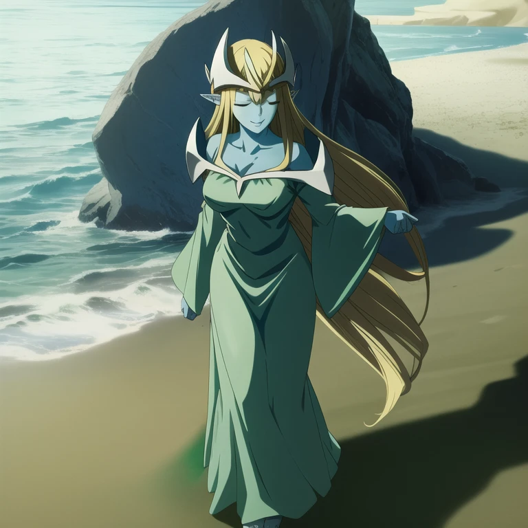mysticalygo, mystical elf, smile, friendly look, medium breasts, eyes closed, green dress, long skirt, full body view, large sleeves, blue skin, blonde hair, long hair, Yugioh, standing, beach