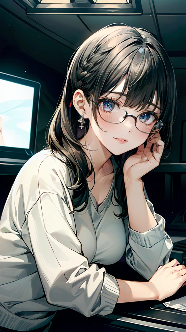 (masterpiece:1.3, Top quality, Ultra-high resolution, Extremely detailed), (Practical, photoPractical:1.4), Fine quality illustrations, Perfect lighting, Natural Lighting, rich and colorful, Depth of Field,
Looking at the audience, Upper Body, (Front view), 1 girl, Perfect face, Cute symmetrical face, Glowing skin, baby face, Long eyelashes, (Large Breasts), (Wide hips),
Beautiful and fine hair, Beautiful and delicate face, Beautiful and delicate eyes, Beautiful Body, Beautiful clavicle, Beautiful breasts, Beautiful thighs, Beautiful Feet, Beautiful fingers,
(Beautiful scenery, Charming smile, Upper Eye, Open your mouth), beautiful girl, Glasses, braid, (Sweatshirt only), game控制器, earphone,
(Multiple computers:1.5), (darkroom:1.5), Sitting on the floor, Hiding behind the scenes, (Disheveled, Japanese-style rooms:1.2, 很多game机), game,
