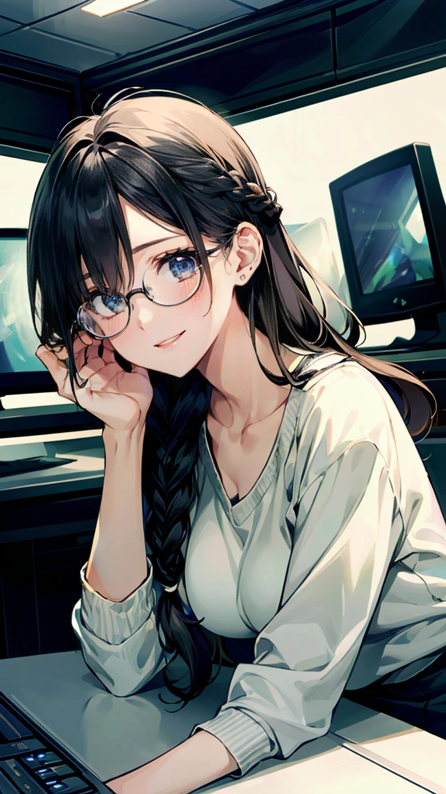 (masterpiece:1.3, Top quality, Ultra-high resolution, Extremely detailed), (Practical, photoPractical:1.4), Fine quality illustrations, Perfect lighting, Natural Lighting, rich and colorful, Depth of Field,
Looking at the audience, Upper Body, (Front view), 1 girl, Perfect face, Cute symmetrical face, Glowing skin, baby face, Long eyelashes, (Large Breasts), (Wide hips),
Beautiful and fine hair, Beautiful and delicate face, Beautiful and delicate eyes, Beautiful Body, Beautiful clavicle, Beautiful breasts, Beautiful thighs, Beautiful Feet, Beautiful fingers,
(Beautiful scenery, Charming smile, Upper Eye, Open your mouth), beautiful girl, Glasses, braid, (Sweatshirt only), game控制器, earphone,
(Multiple computers:1.5), (darkroom:1.5), Sitting on the floor, Hiding behind the scenes, (Disheveled, Japanese-style rooms:1.2, 很多game机), game,