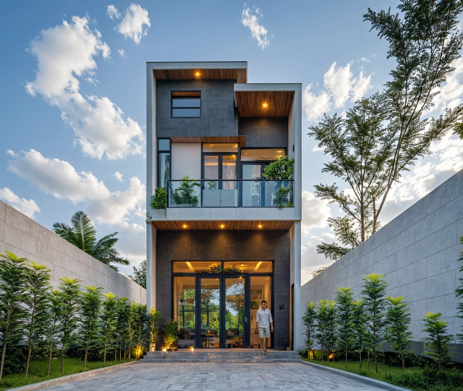 Masterpiece, high quality, best quality, authentic, super detail, outdoors, onestoreyvillaXL, aiaigroup, house style modern on the street ,stairs, white wall ,road,pavement, grass, trees, sky, cloud, (daylight:1.1)