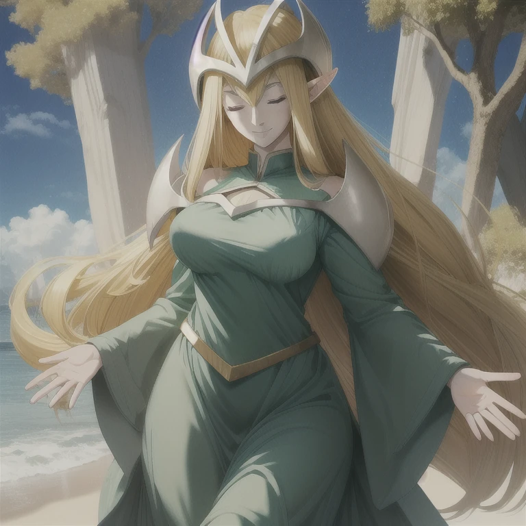 mysticalygo, mystical elf, smile, friendly look, medium breasts, eyes closed, green dress, long skirt, full body view, large sleeves, blue skin, blonde hair, long hair, Yugioh, standing, beach