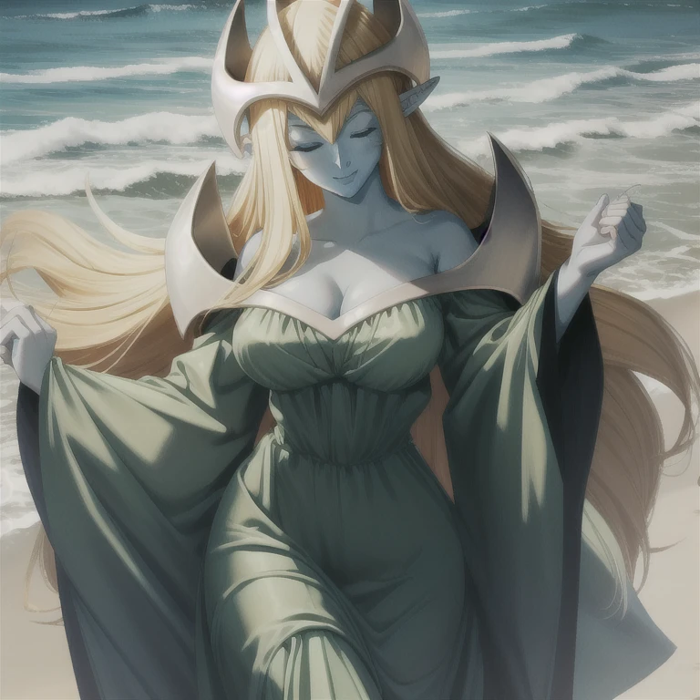 mysticalygo, mystical elf, smile, friendly look, medium breasts, eyes closed, green dress, long skirt, full body view, large sleeves, blue skin, blonde hair, long hair, Yugioh, standing, beach