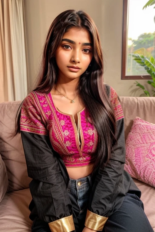 beautiful cute young attractive indian teenage girl, village girl, 18 years old, cute, Instagram model, long black_hair, colorful hair, warm, dacing, in home sit at sofa, indian