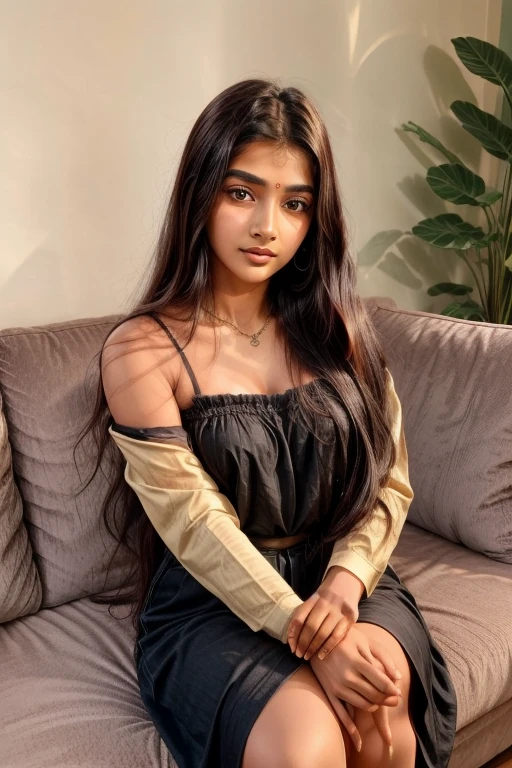 beautiful cute young attractive indian teenage girl, village girl, 18 years old, cute, Instagram model, long black_hair, colorful hair, warm, dacing, in home sit at sofa, indian