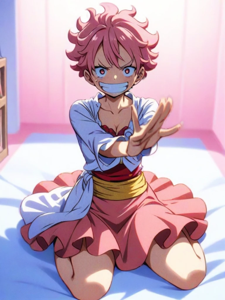 1girl, Monkey D. Luffy, One Piece,
Pink hair, pink eyes, white and pink mix, pink long skirt,
shes on a seiza pose, an empty and chill room