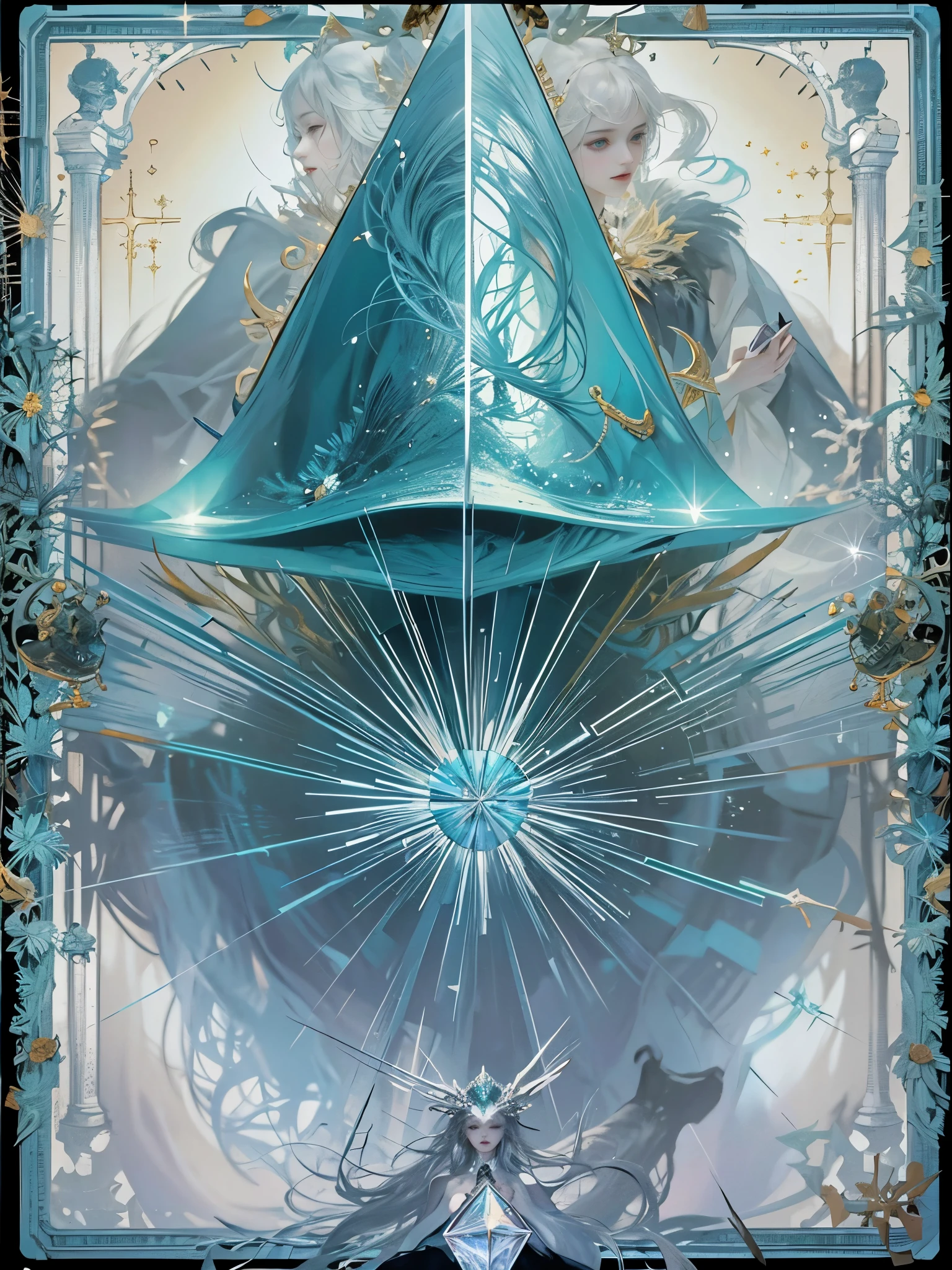 （King Card Game:1.5, Rotational symmetry),Stephen Gammell,(Cowboy Shot),Minimalist Composition,Ocean Waves,Female Wizard,Exquisite crystal headdress, Exquisite Crystal Armor，Electroluminescent Wire,Dreamy sparkle，Conceptual digital art,Azure blue and grey,(Very detailed, Streamlined Design, Clear lines, High sharpness,Better Quality, Master Parts, 4K )